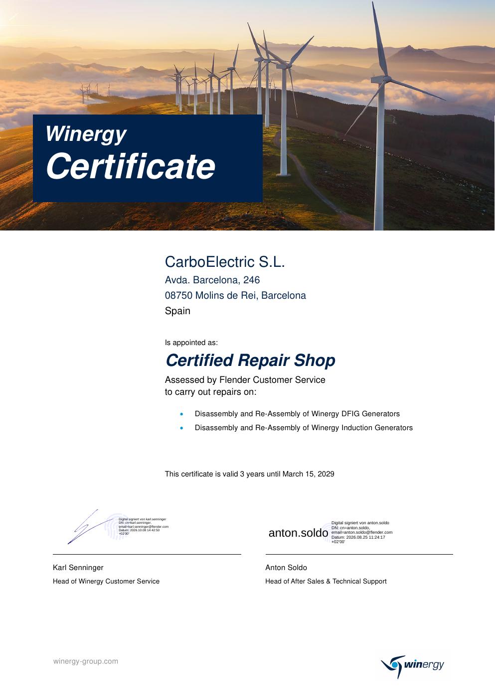 Certificado Winergy de CarboElectric